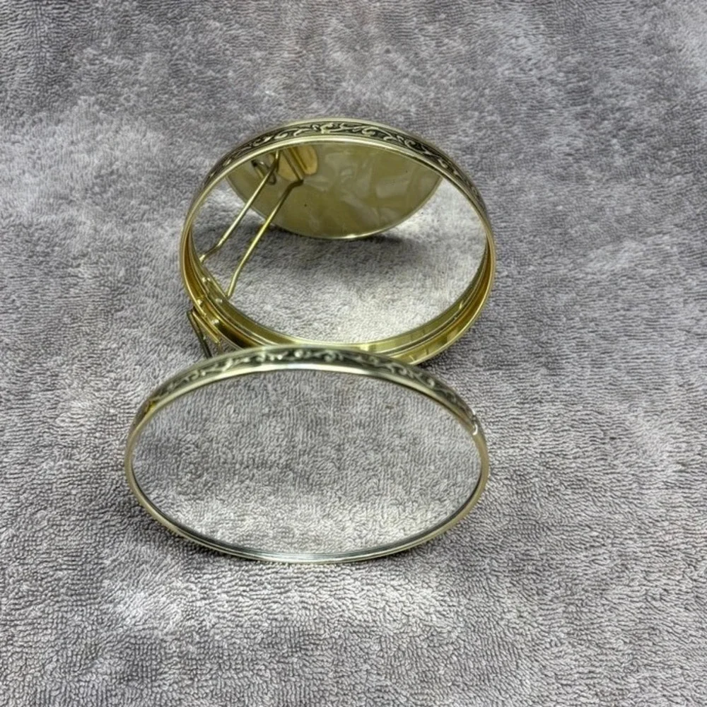 Vintage Japan Folding Vanity Mirror Gold Tone Faux Mother of Pearl Travel Stand